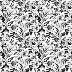 Seamless Pattern, Intricate floral pattern featuring detailed leaves and blossoms in black and white Stock royalty free