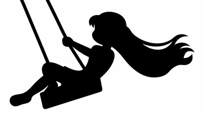 Silhouette of a girl with long hair swinging on a swing with ropes in a simple black and white design