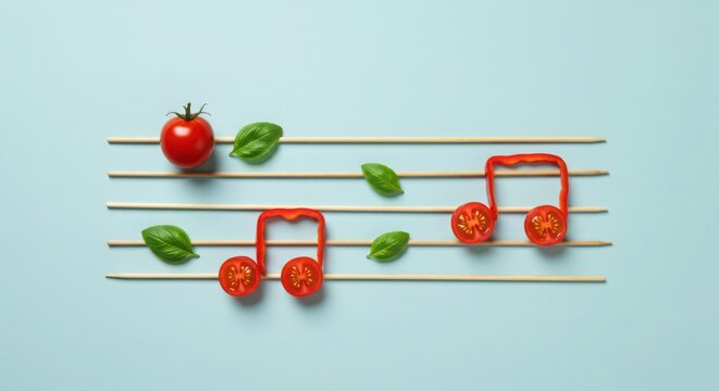 Musical notes made of cherry tomatoes and basil leaves arranged on a light blue background