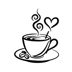 Steaming Coffee Cup with Heart Black and White Vector
