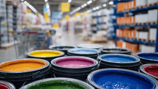 Vibrant paint buckets with splashed lids line a store aisle, featuring a blurred background of signage and a shopping cart.