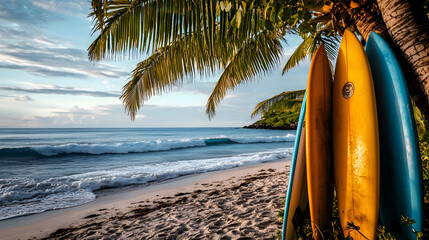 Surfboards leaning against palm tree on tropical beach with ocean view