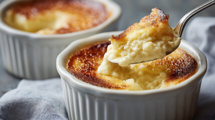 The spoon is scooping creme brulee delight silky vanilla custard with caramelized sugar crusts from ceramic bowl. Delicious creme brulee with creamy texture
