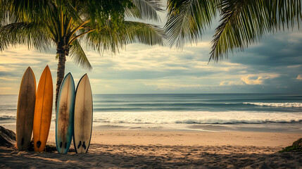 Surfboards on tropical beach at sunset