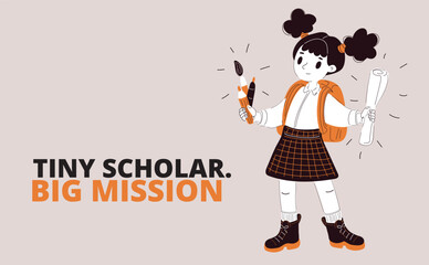 Vector illustration of a young schoolgirl holding paintbrushes and pencils with a backpack, symbolizing creativity, artistic learning, and imagination