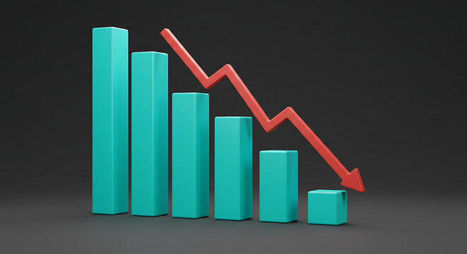Turquoise bar chart showing decline with red downward arrow isolated on white background