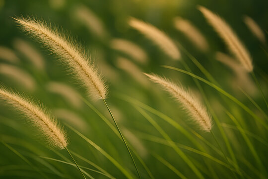 Golden foxtail grass seedheads swaying in the wind, close up natural meadow detail with soft blurred background, wild field landscape scene, ornamental grass foliage pattern, green environment seasona - Powered by Adobe