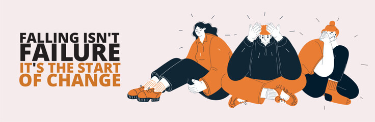 Vector illustration of three people sitting on the floor looking sad, symbolizing emotional exhaustion, solitude, and introspection