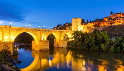 Fototapeta premium Illuminated Bridge and Town at Dusk