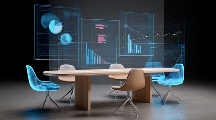 Futuristic conference room with data visualization screens for business meetings and analytics review