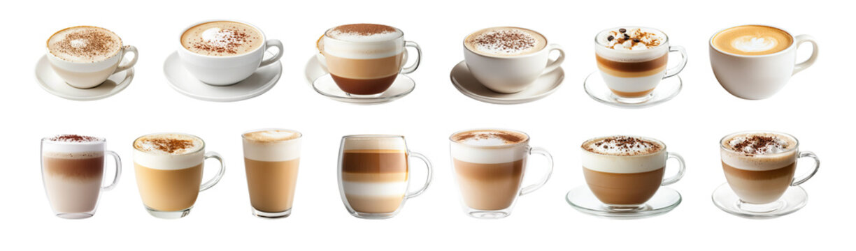 Cappuccino and latte coffee cups with milk foam topping. Assorted hot beverages served in glass and ceramic mugs. Fresh barista drinks highlight caf&eacute; culture and cozy mornings.