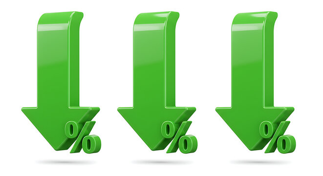 Three green downward arrows with percentage symbols indicating financial decline isolated on white background