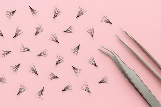 False eyelashes extension bundles with tweezers on pink background, beauty salon eyelash application concept, professional cosmetic tools for makeup, artificial lash set for fashion and personal care