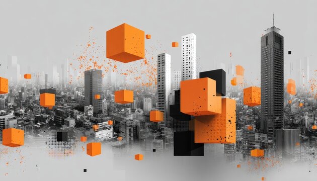 Abstract city scene with orange and black cubes - Powered by Adobe