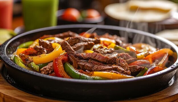 Sizzling beef fajitas in black cast iron skillet with steam rising, grilled steak strips, saut&eacute;ed bell peppers and onions, flour tortillas
