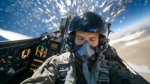 A fighter pilot in full gear, illuminated by cockpit lights, navigates through a cloud-streaked horizon with digital displays surrounding.