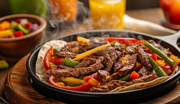 Sizzling beef fajitas in black cast iron skillet with steam rising, grilled steak strips, saut&eacute;ed bell peppers and onions, flour tortillas