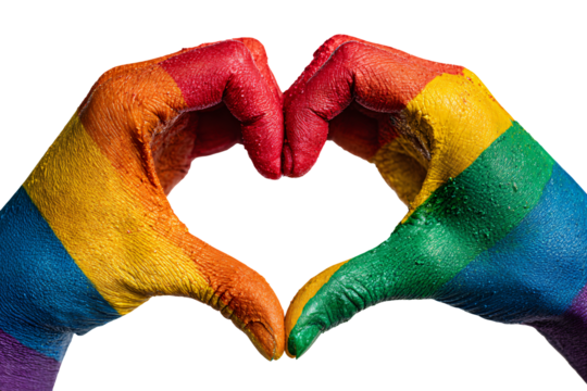 Hands forming rainbow heart symbol showing love and pride