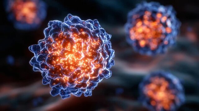 Vivid depiction of cancer cells proliferating among healthy tissue, emphasizing oncology and biotechnology advancements.