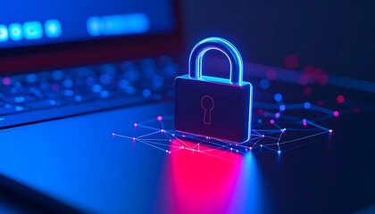 Neon padlock on a laptop, digital security concept.