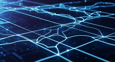 Abstract blue network grid with interconnected glowing lines, representing complex digital connections. Concept for technology infrastructure, data visualization and future internet solutions