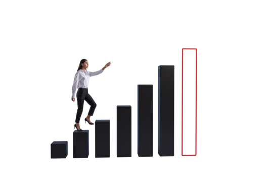Female leader climbing black staircase chart bars, clean style on white background, symbolizing ambition, success, and business growth