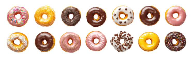 Assorted donuts with icing and sprinkles isolated on white. Sweet pastries include chocolate, pink, and sugar glazed varieties. Colorful doughnuts arranged in rows show bakery freshness.