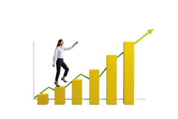 Woman stepping on yellow bar chart with green arrow line, realistic style, isolated on white background, concept of career growth and ambition