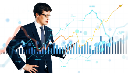 Businessman holding tablet with digital financial charts, clean modern style, on white background. Concept of online market analysis and growth