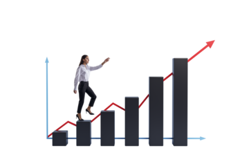 Woman in business attire stepping upward on black bar chart blocks with red upward arrow, on clean white background, symbolizing career growth