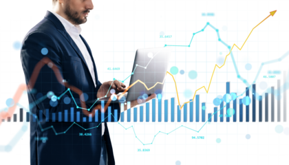 Man in suit using laptop with financial charts and data graphics overlayed, clean style on white background, concept of trading and analysis