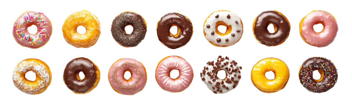 Assorted donuts with icing and sprinkles isolated on white. Sweet pastries include chocolate, pink, and sugar glazed varieties. Colorful doughnuts arranged in rows show bakery freshness.