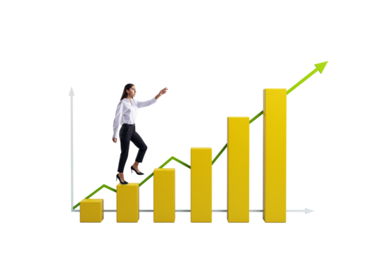Woman stepping on yellow bar chart with green arrow line, realistic style, isolated on white background, concept of career growth and ambition