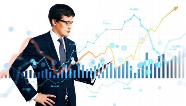 Businessman holding tablet with digital financial charts, clean modern style, on white background. Concept of online market analysis and growth