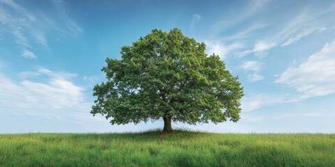 The Tree Standing Alone in a Sunlit Green Meadow Under a Blue Summer Sky
