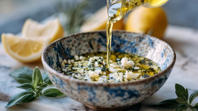 Vibrant yellow herb dressing with garlic and herbs pours into a ceramic bowl, accented by lemon wedges and fresh basil.