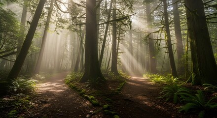 Obraz premium Discover Atmospheric Lighting in Misty Forest Trails.