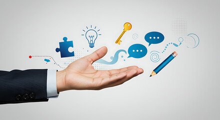 Business professional s open hand presenting a collection of colorful icons representing ideas and concepts isolated on white background