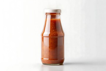 Glass bottle of tomato sauce isolated on white background, perfect for adding flavor to any meal