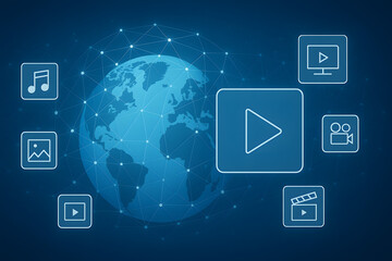 Global digital media streaming concept illustration, world map with play button icons for online video music and image sharing, futuristic multimedia technology network background for entertainment an