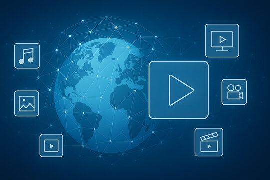 Global digital media streaming concept illustration, world map with play button icons for online video music and image sharing, futuristic multimedia technology network background for entertainment an - Powered by Adobe