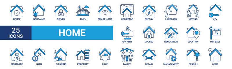 Fototapeta premium Home icon set. Containing house, property, loan, town, landlord, insurance, location, mortgage, for sale and more. Blue vector icons collection.