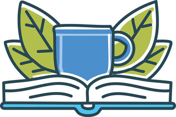 Flat vector of cozy coffee cup steaming beside glasses and book