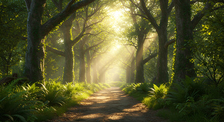 Obraz premium Sunlit forest path scenic nature photography trees foliage landscape green woodland environment bright light isolated on transparent white background