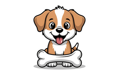 Cute cartoon puppy dog sitting with a large bone