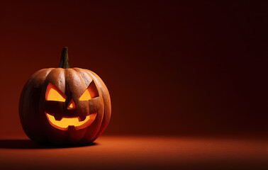Carved pumpkin with glowing eyes and mouth, dark background, warm orange lighting; Halloween decoration, spooky atmosphere.