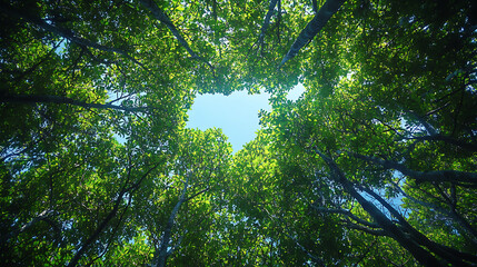 Fototapeta premium View looking up at dense canopy of green leaves in forest, with sunlight filtering through foliage and clear blue sky visible through gaps