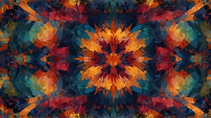 Kaleidoscopic abstract art featuring a central floral burst with warm color palette