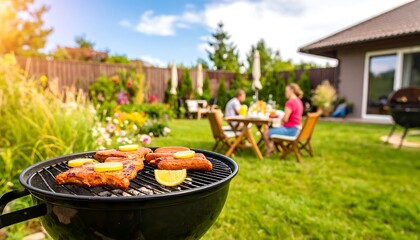 Deliciously grilled meats and summery backyard barbeque scene.  A family enjoys a pleasant meal outdoors, featuring flavorful grilled meats and a vibrant backyard setting.
