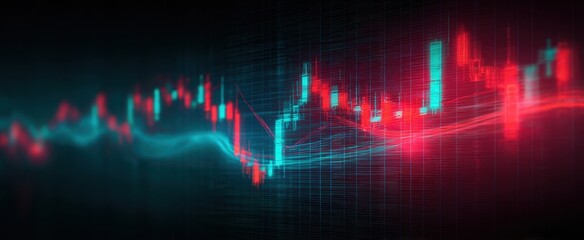 [The candlestick market chart showcasing glowing red and teal financial data trends]
